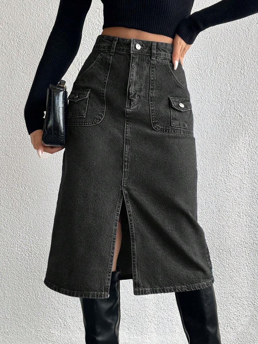EURMUSE Jeans Straight Skirt With Slanted Pocket And Split Hem - Dark Grey - View 1