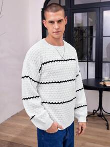 Manfinity Roghcode 1 件男用條紋圓領套頭毛衣 - 白色 - 查看 4