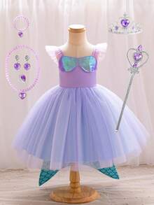 Toddler Girls' Tulle Mesh Ruffle Hem Dress For Special Occasions - Purple - View 3