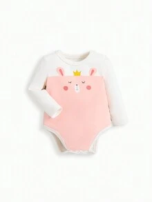 SHEIN Bộ đồ liền thân dài tay cổ tròn in họa tiết hoạt hình và quần lưới tương phản 2 trong 1 cho bé gái - Nhiều màu - Xem 3