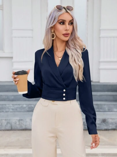 SHEIN Privé 女款純色青果領紐帶扣細部襯衫