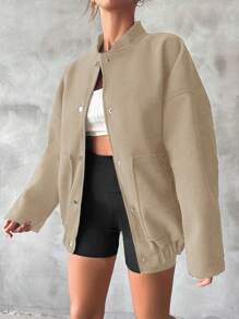 SHEIN Cottnline Women's Single-breasted Baseball Collar Woolen Jacket - Beige - View 3