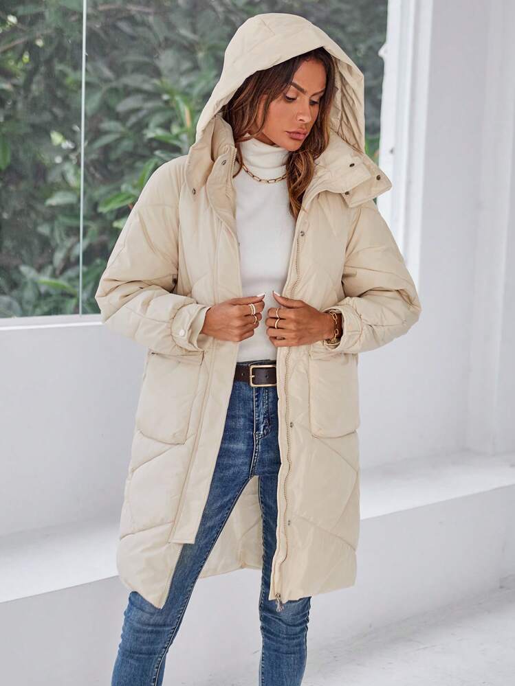SHEIN EZwear Manteau matelassé à capuche de couleur unie simple, vêtements d'hiver décontractés - Beige - Voir 5