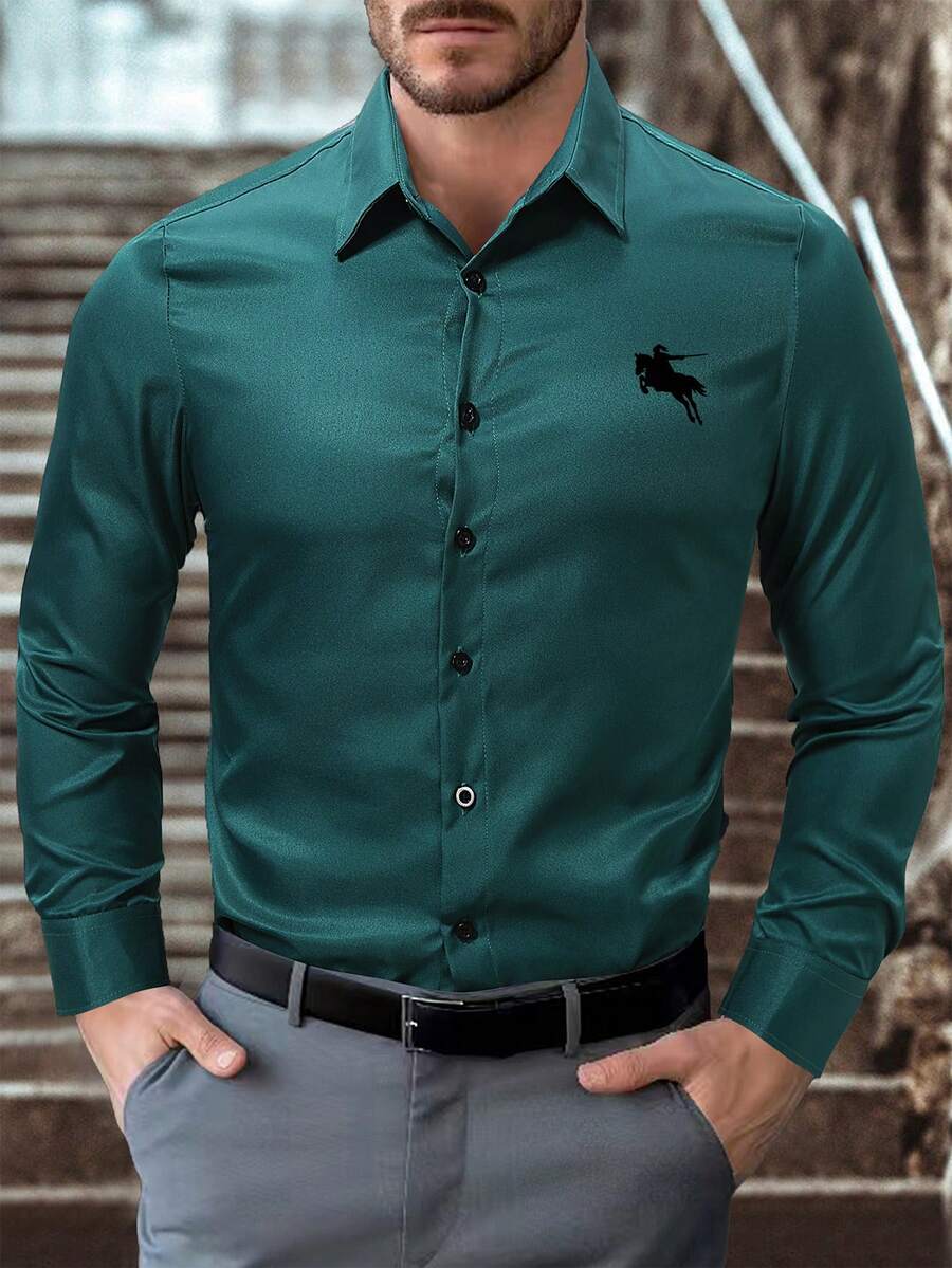 Manfinity Homme Áo Sơ Mi Nam Dài Tay Cổ Điển Màu Trơn, Sơ Mi Xanh Trơn Cài Nút Dành Cho Quà Tặng Bạn Trai - Màu xanh lá cây đậm - Xem 1