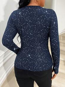 Allurite Plus Size Women's Hollow Out Long Sleeve Sequin T-shirt - Navy Blue - View 2