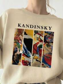 SHEIN EZwear Plus Size Women's Letter Printed Sweatshirt - Khaki - View 3