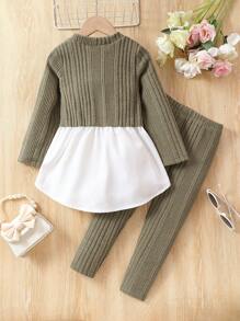 SHEIN Young Girl Color Block Long Sleeve Tee And Pants Set With Round Neck - Green - View 2