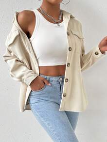 SHEIN Essnce Drop Shoulder Flip Pocket Double-Sided Fleece Jacket - Apricot - View 3