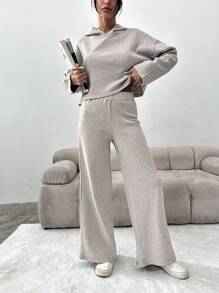 SHEIN PETITE Cotton Drop Shoulder Drawstring Hoodie & Pants - Light Grey - View 4