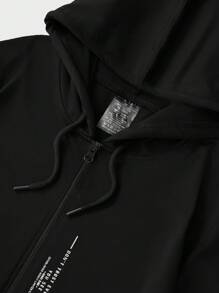 RueChic Men Slogan Graphic Zip Up Drawstring Hoodie - Black - View 2