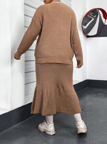 Flirla Kích thước lớn Của phụ nữ Thả vai Áo len Mở Và Đuôi cá Hem Đầm Áo len Bộ - Màu Khaki - Xem 2