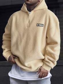 Manfinity Homme Men's Loose Fit Letter Patched Drop Shoulder Zipper Front Hoodie In Apricot , For Tennis, Men Beige Half Zip Hoodie, Men Sherpa Quarter Zip, Beige Streetwear Hoodie - Apricot - View 1