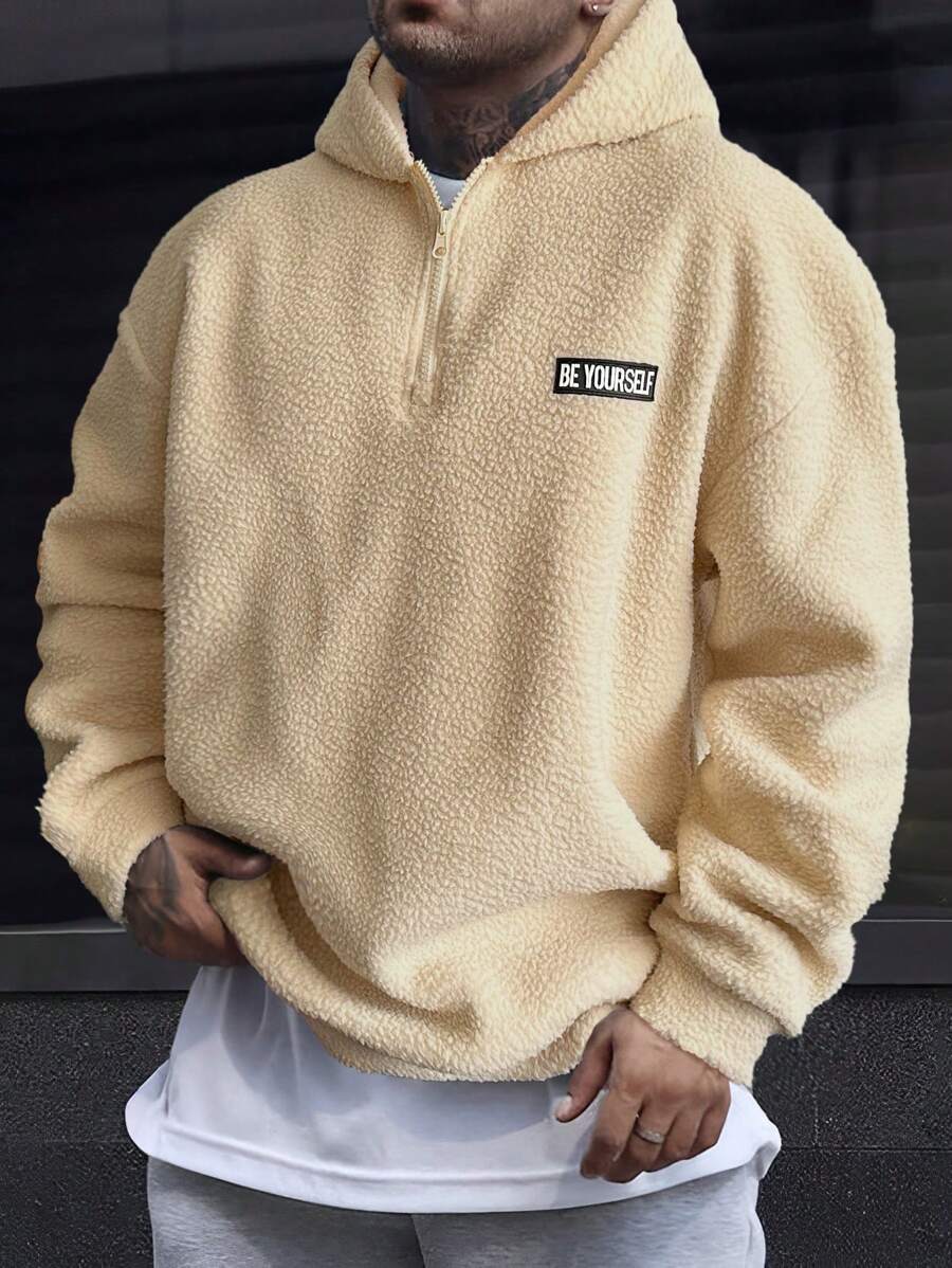 Manfinity Homme Men's Loose Fit Letter Patched Drop Shoulder Zipper Front Hoodie In Apricot , For Tennis, Men Beige Half Zip Hoodie, Men Sherpa Quarter Zip, Beige Streetwear Hoodie - Apricot - View 1