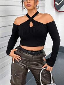 Flirla Của phụ nữ Kích thước lớn Lạnh vai Áo len - màu đen - Xem 6