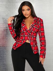 SHEIN SXY 女款紅色格紋西裝外套 - 玫瑰紅 - 查看 3