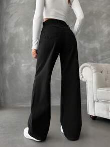 SHEIN Cottnline Casual Solid Straight-Leg Jeans - Black - View 2