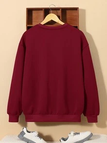 SHEIN Thiếu niên Con trai Lỏng lẻo Phù hợp In thư Vòng cổ Áo nỉ - Màu Đỏ Sâu - Xem 2