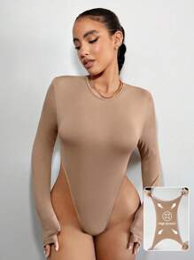 SHEIN SXY 純色高彈性高腰連體褲,適用於新年 - 卡其色 - 查看 14