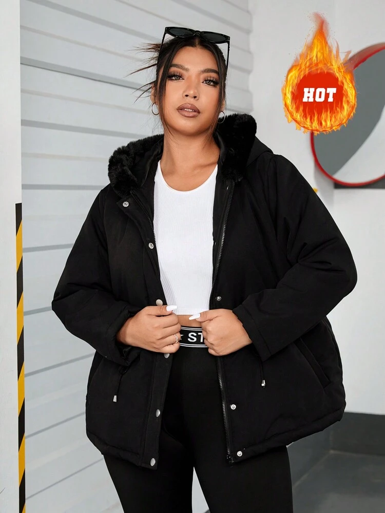 Plus Size Fuzzy Trim Hooded Padded Coat, For Winter Fall Autumn