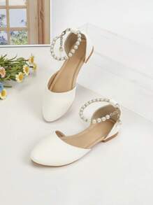 Fashionable Girls' Pointed Toe Flat Shoes For Children And Teenagers, Outdoor Leather Flats, White Pearl Decor Comfortable Casual Shoes - White - View 2