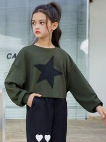SHEIN Girls' Loose Fit College Style Color Block Star Pattern Sweatshirt For Big Kids - Multicolor - View 1