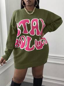 Slaydiva Của phụ nữ Kích thước lớn Thả vai Tay áo dài Mẫu chữ Áo len - màu xanh lá - Xem 3
