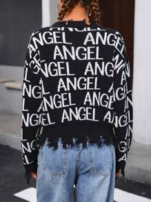 Chiquease Women's Letter Printed Distressed Knit Pullover Fall Winter Sweater - Black and White - View 2