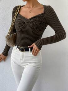 Calvaya Cable Knit Twist Sweetheart Neck Sweater
