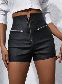 Zolique Zipper Fly High Waist Shorts - Black - View 1