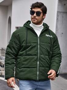 Manfinity Homme Abrigo Acolchado Con Capucha Suelto De Talla Grande Para Hombres Con Diseño De Letras Y Dobladillo Ajustable - Verde Oscuro - Ver 4