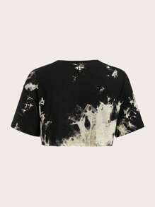 SHEIN EZwear Tie Dye Skeleton Hand Print Drop Shoulder Crop Tee - Black and White - View 2