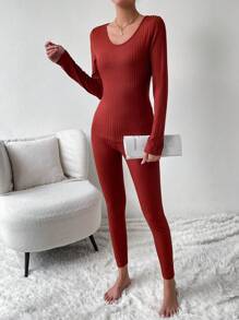 SHEIN LUNE Conjunto De Dos Piezas Para Mujeres De Top Y Leggings Acanalados De Color Sólido - Rojo - Ver 6