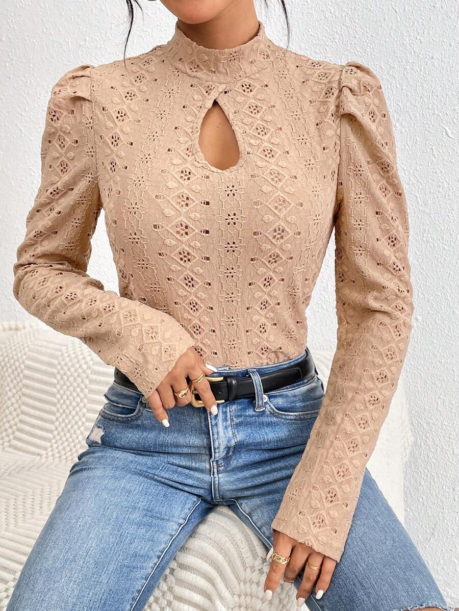 Chiquease 女士立領泡泡袖t卹 - 卡其色 - 查看 1