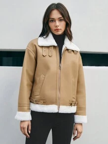 Anewsta Khóa kéo-Mặt trước Áo khoác - Màu Khaki - Xem 4