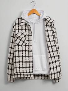 Manfinity Homme Loose Fit Men's Plaid Flap Pocket Shacket - Black and White - View 1