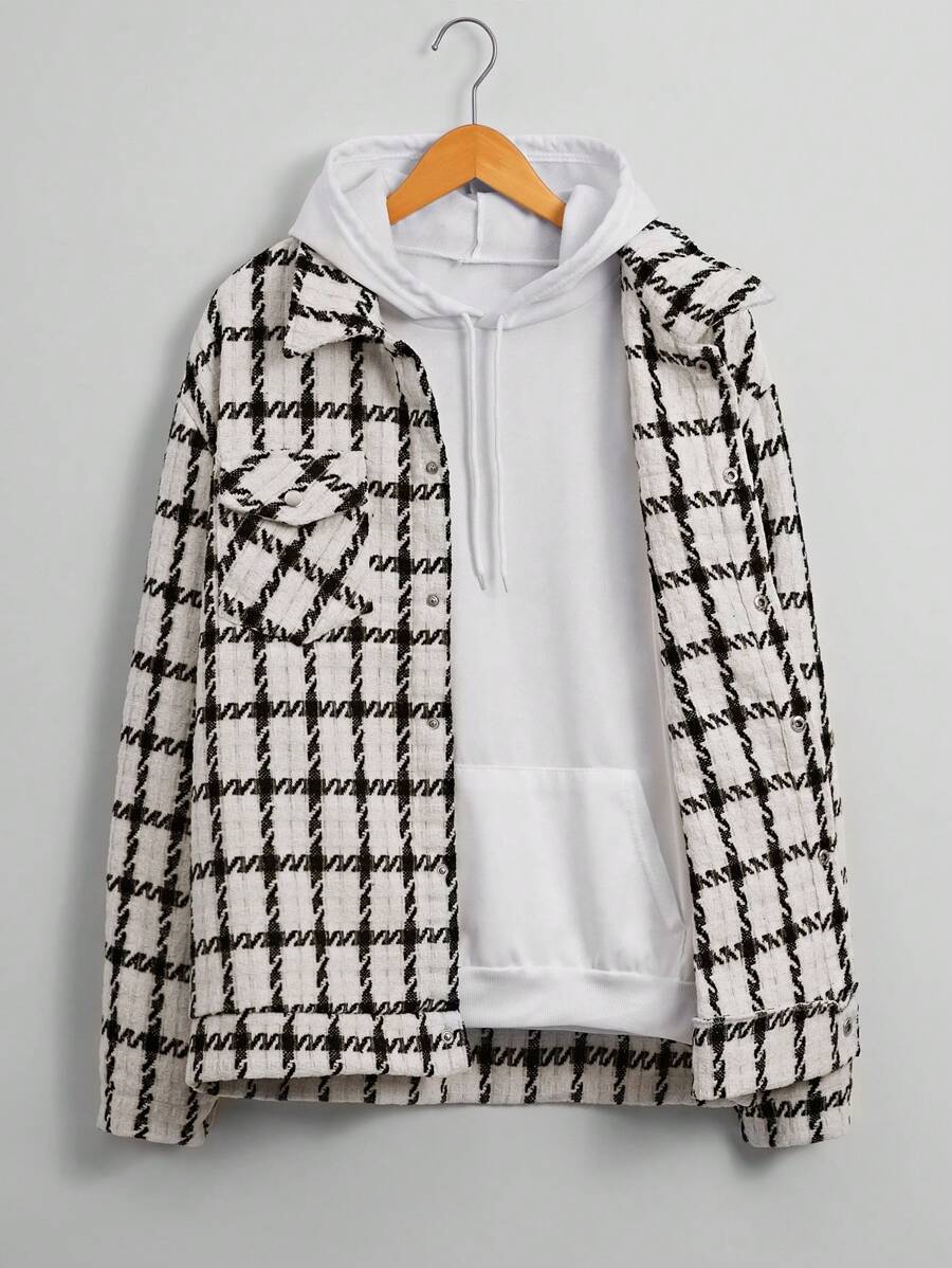 Manfinity Homme Loose Fit Men's Plaid Flap Pocket Shacket - Black and White - View 1