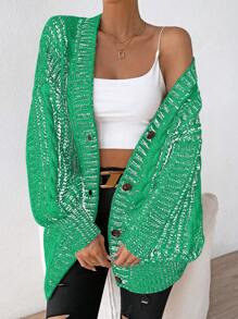 SHEIN Unity 女式寬鬆落肩鈕扣拼接針織開衫 - 綠色 - 查看 3