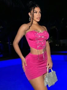 SHEIN SXY Women'S Pink Strapless Draped Mini Skirt Set With Rhinestone Chain, Cross Tie, And Pleats Club Outfits Women - Pink - View 4