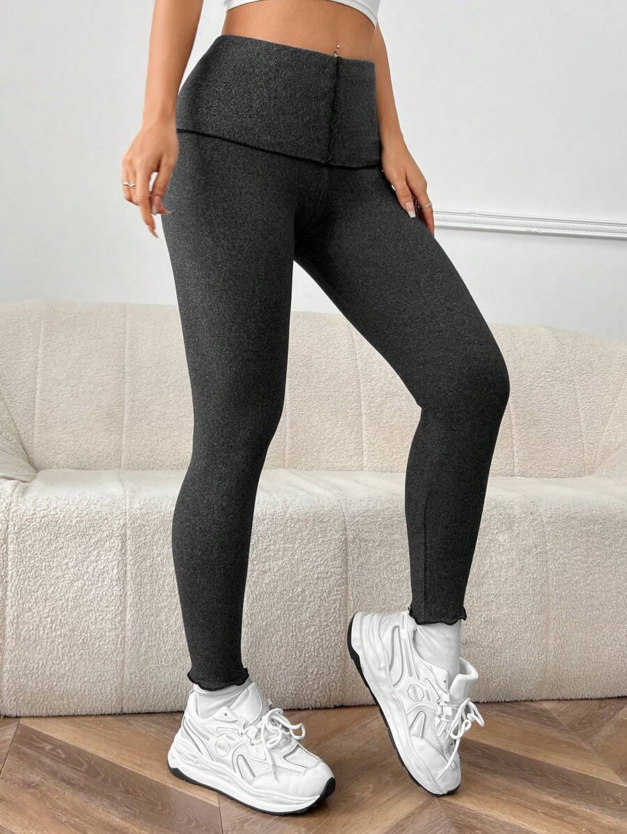 SHEIN EZwear 女裝毛絨針織長褲高腰褲 - 黑色 - 查看 1