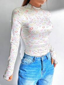 SHEIN EZwear Của phụ nữ Hoạt hình In Đứng cổ áo Thon gọn Áo thun - trắng - Xem 1