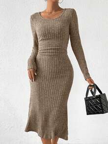 SHEIN Privé Quý cô Sọc Đầm - Màu nâu  Mocha - Xem 3