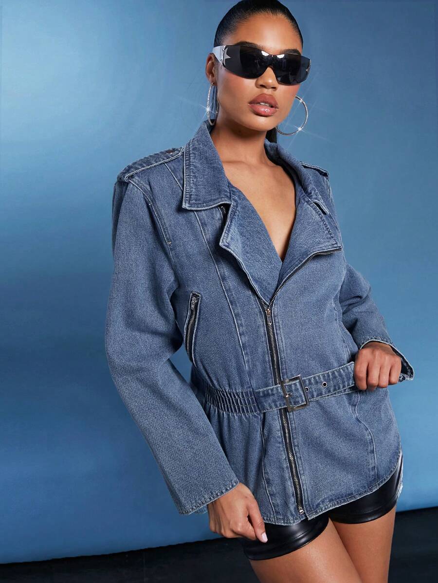 Denimoi Buckle Front Denim Moto Jacket For Autumn