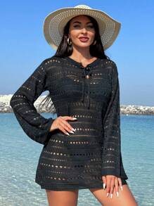 Cubierta Con Cordón Y Escote De Punto Ahuecado Para Mujer - Negro - Ver 4