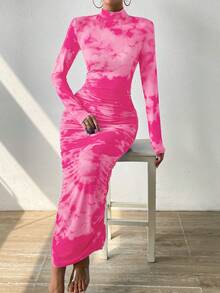 SHEIN Privé 女士打結染色側摺包身連衣裙 - 粉色 - 查看 5