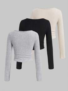 Chiquease Rib-Knit Ruched Solid T-Shirt - Multicolor - View 2