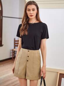 Anewsta Women's Button Front Rolled Hem Shorts - Khaki - View 1