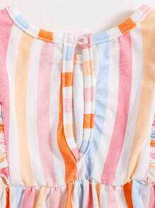 SHEIN Baby Girls' Striped Ruffled Sleeveless Romper And Hat, 2pcs/Set