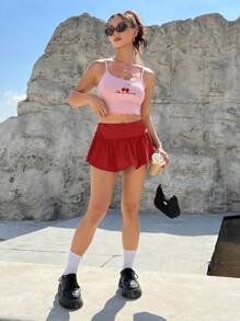 SHEIN EZwear 純色迷你裙 - 紅色 - 查看 6