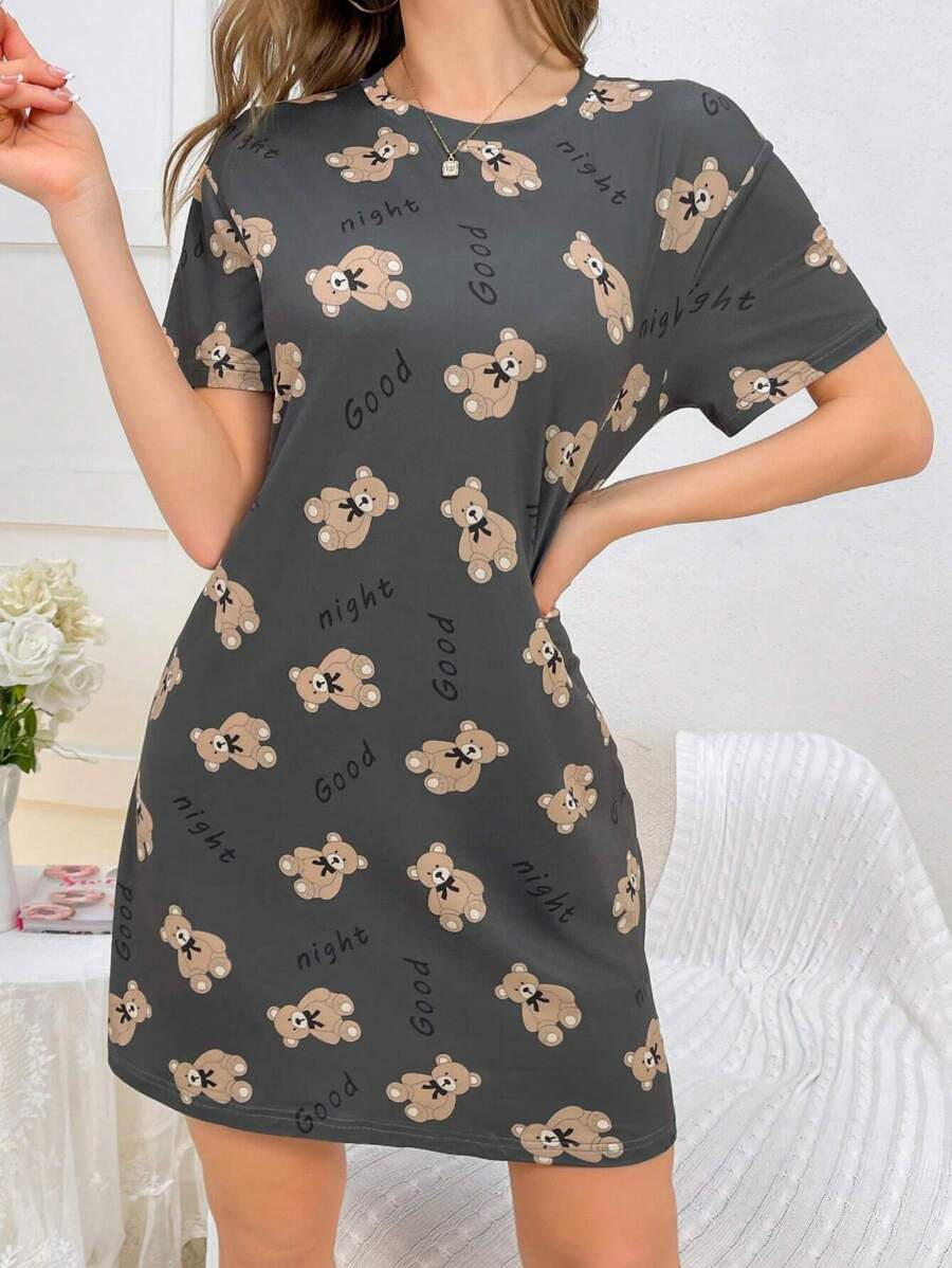 女士熊字母印花睡衣连衣裙,哞哞睡衣连衣裙 - 彩色 - 查看 1