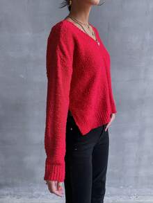 SHEIN LUNE Giải trí Màu thuần Cổ chữ V Thả vai Lỏng lẻo Áo len dệt kim - Đỏ - Xem 6